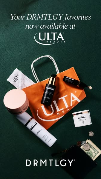 This ad promotes DRMTLGY products now available at Ulta Beauty. The ad features an Ulta Beauty shopping bag with DRMTLGY