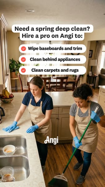 An ad for Angi shows two women cleaning a home interior and highlights three services offered by Angi.