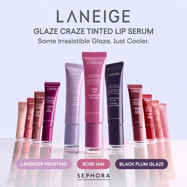 This ad features Laneige's Glaze Craze Tinted Lip Serum. Three of the color options, Lavender Frosting, Rose Jam, an
