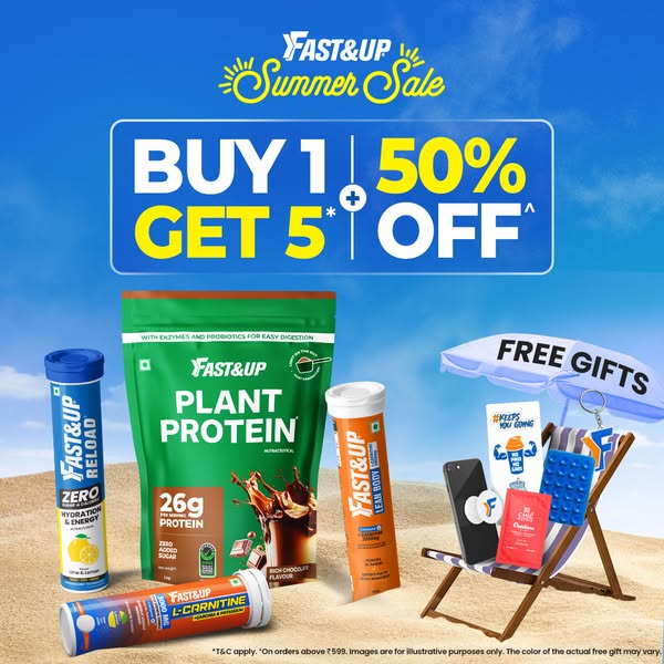 This ad promotes Fast&Up products with a summer sale offer of buy 1 get 50% off. It features several Fast&Up pro