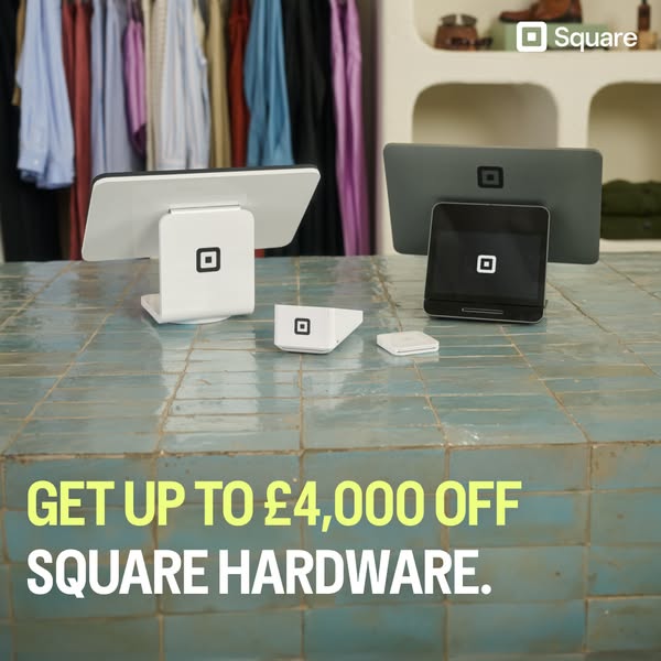 This ad showcases Square's hardware products, highlighting a limited-time offer of up to £4,000 off. The ad features