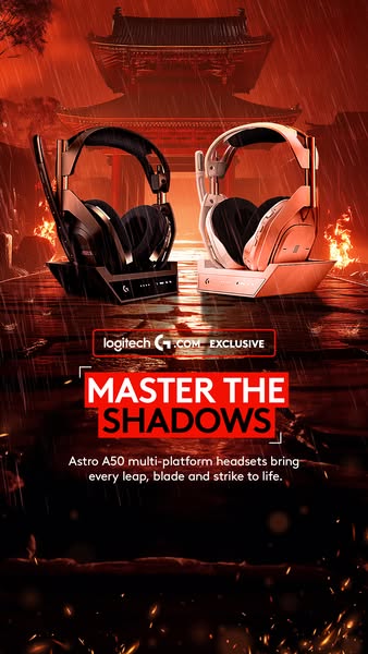 This image ad for Logitech promotes its Astro A50 multi-platform headsets, emphasizing their ability to enhance the gami