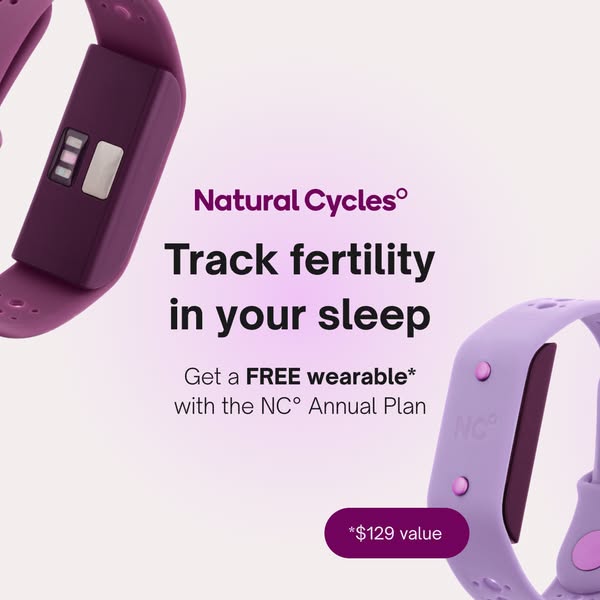 This image ad promotes Natural Cycles, a brand focused on fertility tracking. The ad features two wearable devices and h