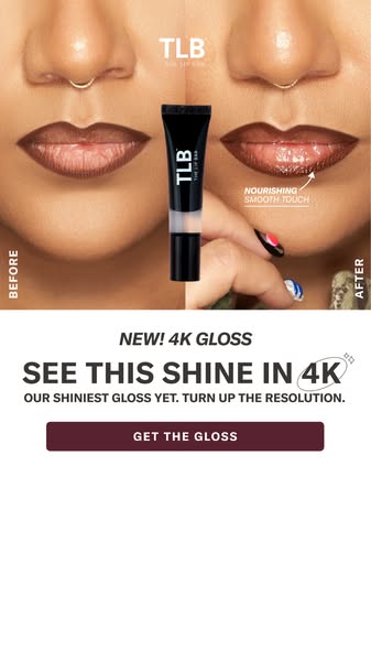 This image ad demonstrates the effect of TLB 4K lip gloss.  The ad shows a close-up of lips both before and after applyi