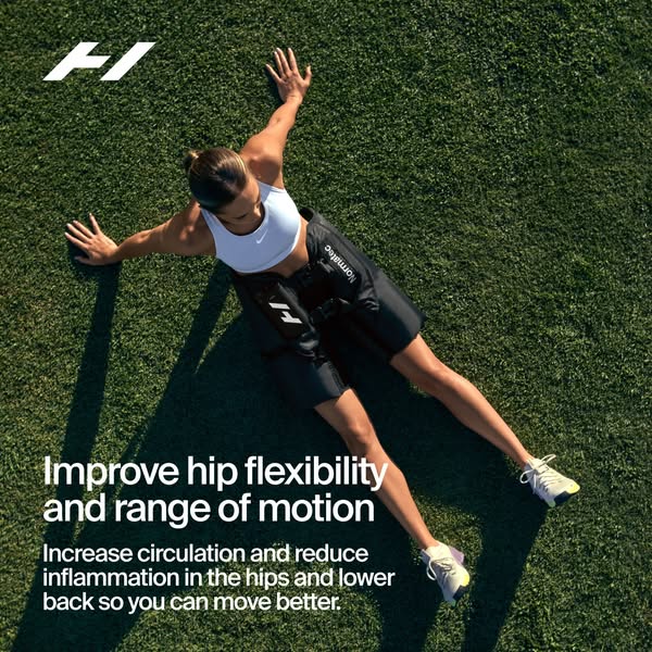 An ad showing the Normatec compression shorts in use on an athlete, designed to help improve hip flexibility, increase c