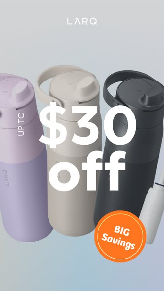 This ad for LARQ features three of their water bottles in different colors. The focus of the ad is on promoting a limite
