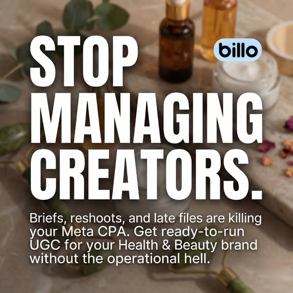 The image ad highlights the challenges of managing creators for Meta advertising, particularly for health and beauty bra