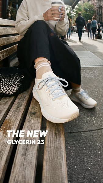 This ad showcases the new Glycerin 23 running shoe by Brooks, highlighting its design and comfort. The ad is shot outdoo
