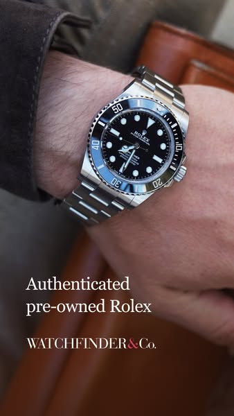 This ad features a close-up of a person's wrist wearing a Rolex watch, promoting the brand Watchfinder & Co. tha