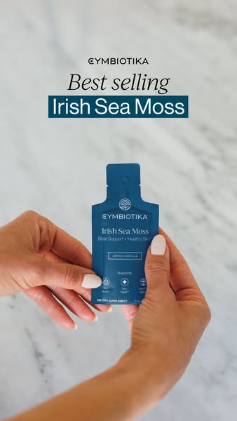 This ad showcases Cymbiotika's Irish Sea Moss supplement in a single-dose packet. The ad highlights the product'