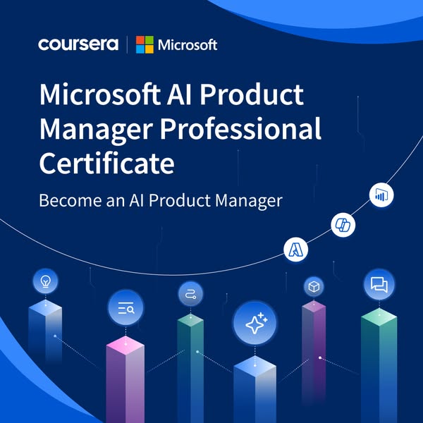 This ad promotes a Microsoft AI Product Manager Professional Certificate offered through Coursera. The ad features a blu