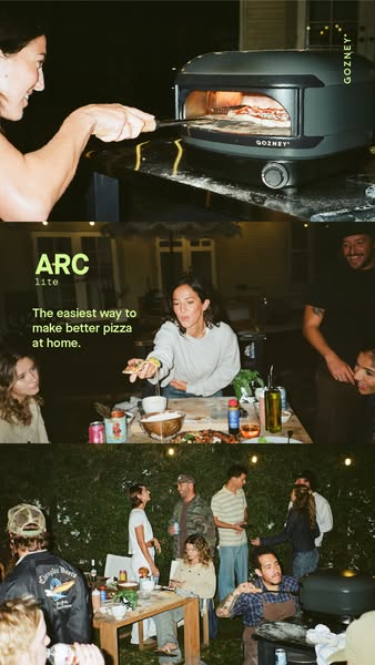 This ad uses three separate images to show people using the Gozney Arc Lite pizza oven during a party. The images show t
