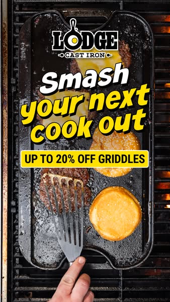 This image ad for Lodge Cast Iron promotes a sale of up to 20% off griddles. It features a sizzling griddle with burger 