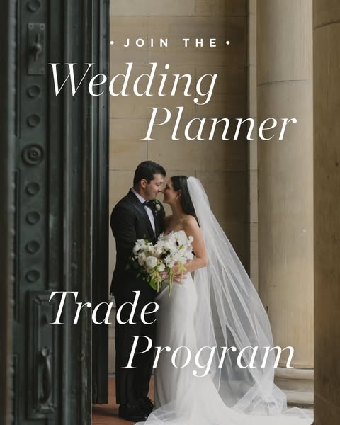 This image ad is for a wedding planner trade program. It features a bride and groom in front of a stone building.
