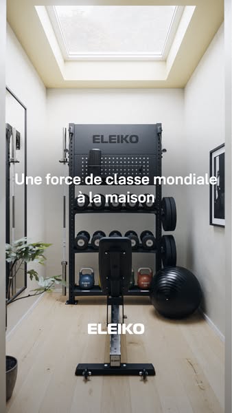 This ad for Eleiko features a photo of a home gym setup with Eleiko equipment. The ad highlights the brand's world-c