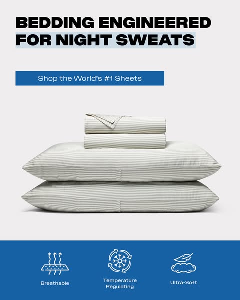 An image ad promoting bedding engineered for people who experience night sweats. The ad highlights the sheets' breat