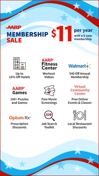 The image ad promotes an AARP membership for \$11 per year with a 5-year membership. It highlights various benefits of t