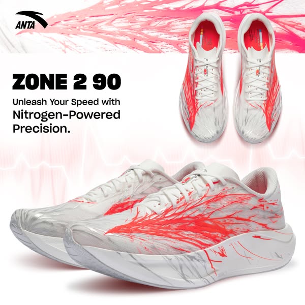 This ad showcases the Anta Zone 2 90 running shoe. The primary focus is on the shoe's design and nitrogen-powered te