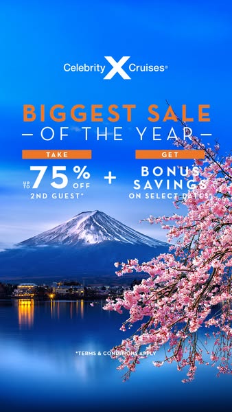 This image ad for Celebrity Cruises promotes their biggest sale of the year, offering up to 75% off for the second guest