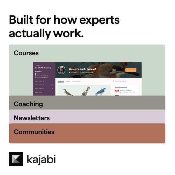 This ad for Kajabi highlights the platform's features, including courses, coaching, newsletters, and communities, em