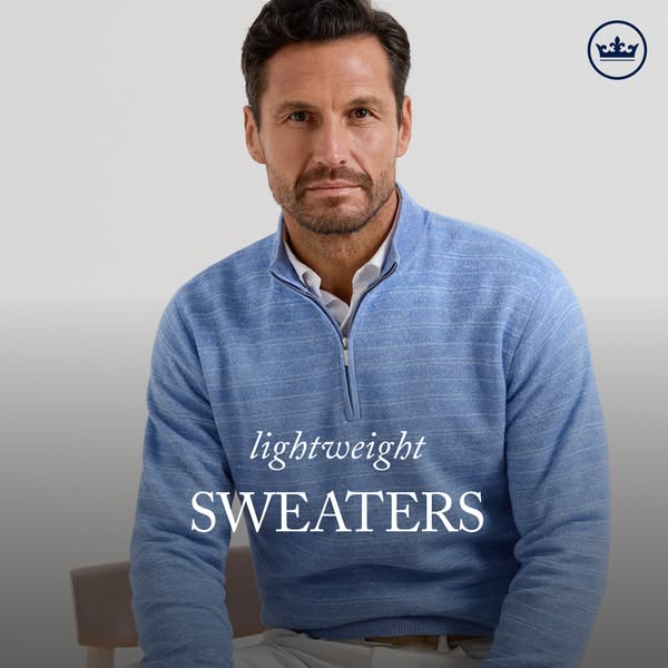 This image ad showcases a male model wearing a light blue lightweight sweater with a quarter-zip. The ad features a clos