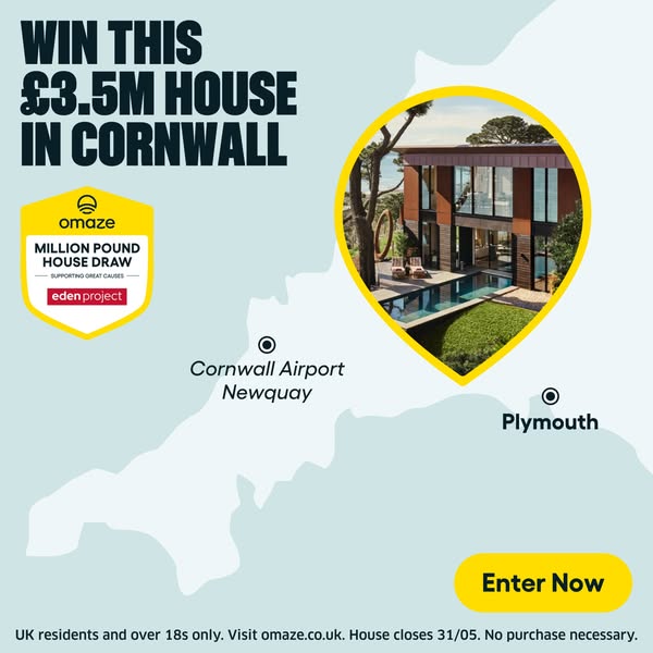 This ad promotes a sweepstakes for a £3.5M house in Cornwall, UK, through Omaze. The ad features a map of the Cornwall a