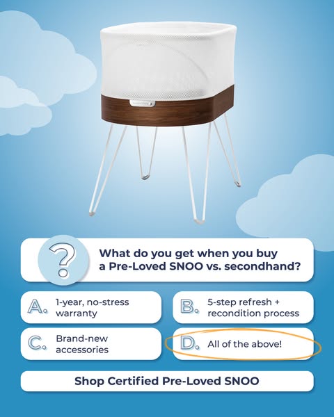 This ad is in a quiz format and the intention is to get people to purchase a certified Pre-Loved SNOO versus a secondhan