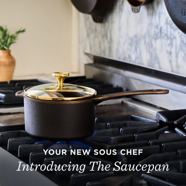 This ad promotes The Saucepan. The visual features the product sitting on a stovetop. The ad's key message is center