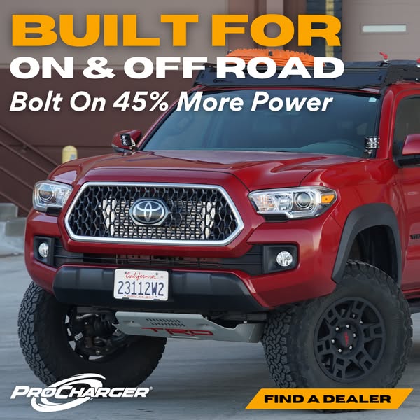 This image ad is for ProCharger, promoting their product that can bolt on 45% more power, designed for both on and off-r