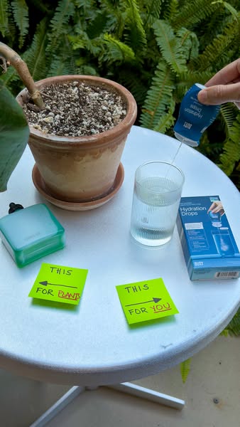 This ad suggests that hydration drops are beneficial for both you and your plants. It shows a visual representation of t