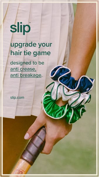 This ad for Slip silk hair ties shows a woman holding a tennis racket with three colorful silk scrunchies on her wrist, 