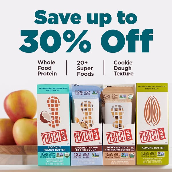 The ad promotes Perfect Bar by highlighting that customers can save up to 30% off. The ad also highlights the ingredient