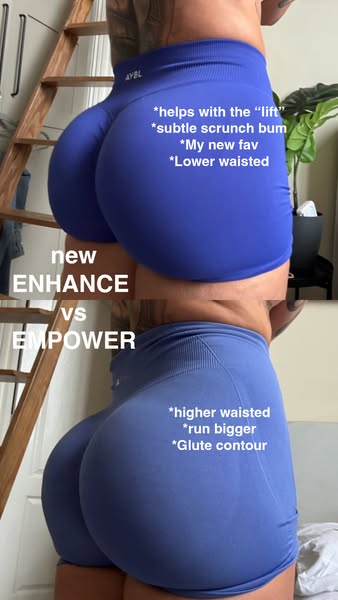 This ad compares two AYBL products; the Enhance and the Empower short. It shows the features and benefits of each produc