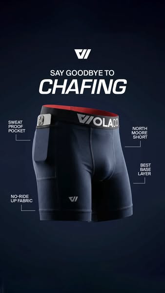 This ad showcases the Viola Co. North Moore Short and its features such as the sweat proof pocket and the no-ride up fab