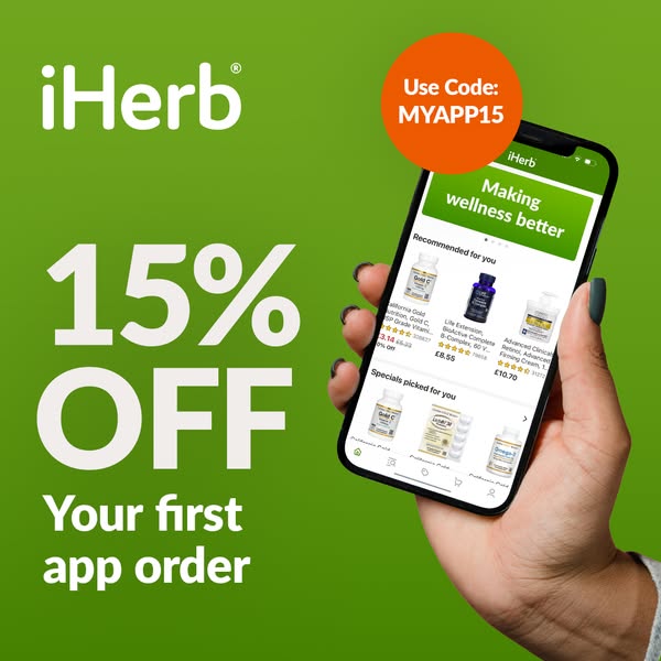 This ad promotes iHerb's app by offering 15% off the user's first order when they use the app.