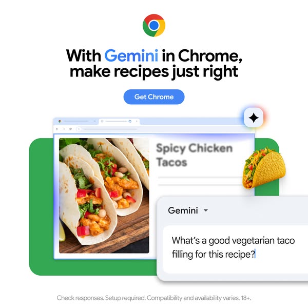 This ad promotes the Gemini AI assistant within the Chrome browser, highlighting its ability to assist with recipe plann