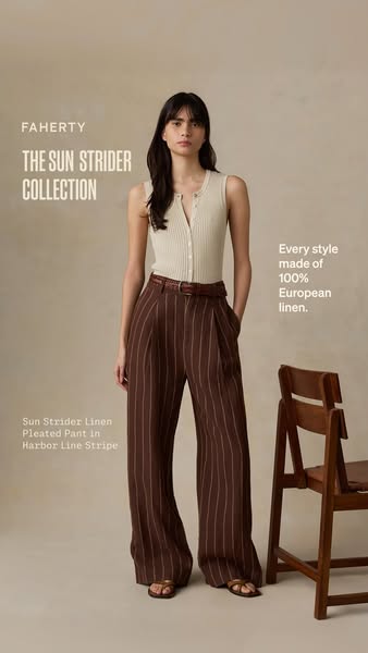 This ad features a model wearing Faherty's Sun Strider Linen Pleated Pant in Harbor Line Stripe, highlighting that a
