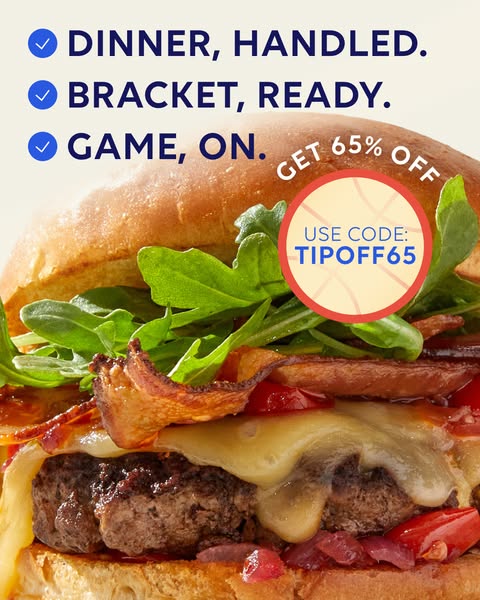 Image ad for food delivery service promoting a limited time discount code during a sports event.