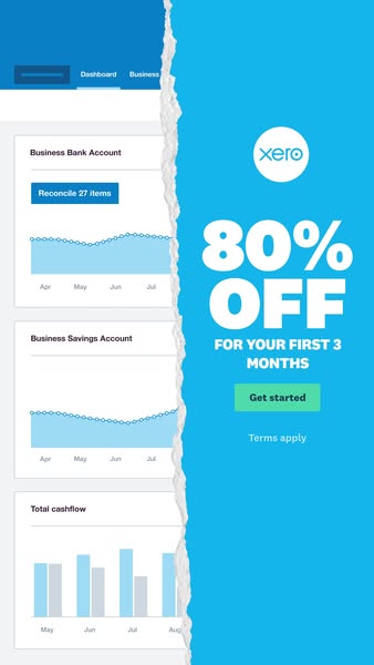 This image ad promotes Xero accounting software with an offer of 80% off for the first 3 months. It features a screensho