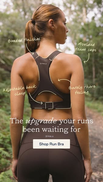 This ad highlights the features and benefits of the Nimble run bra, showcasing its design and comfort for runners.