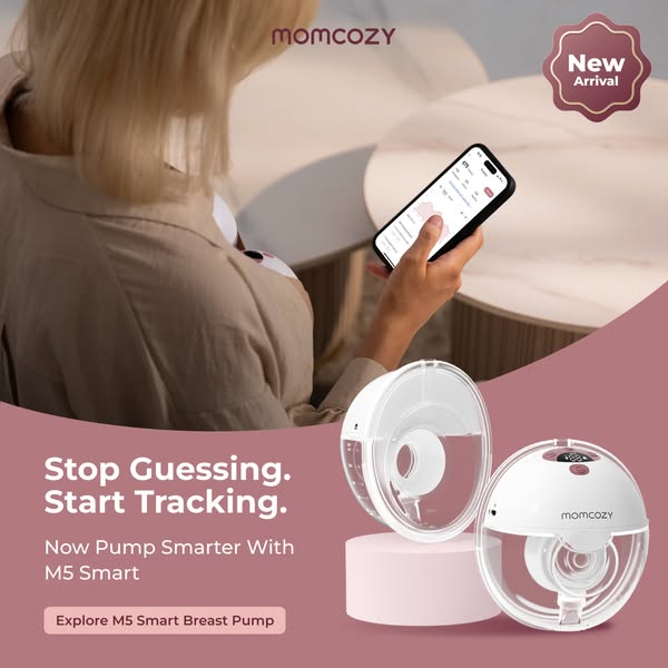 This image ad showcases Momcozy's M5 Smart Breast Pump. The ad highlights the convenience of tracking your pumping s