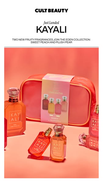 This image ad for Kayali promotes two new fruity fragrances joining the Eden Collection: Sweet Peach and Plush Pear. A s