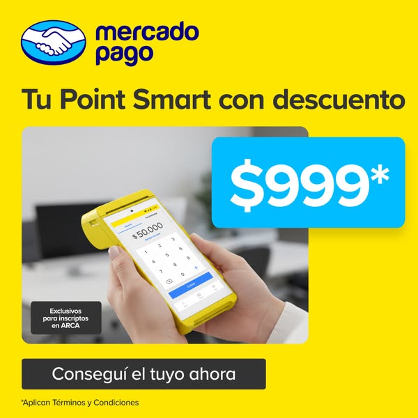 This image ad promotes Mercado Pago's Point Smart device with a discount. It features a hand holding the device, sho