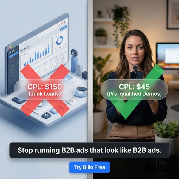 This ad shows two panels comparing a traditional B2B advertising approach against the Billo approach, highlighting the d