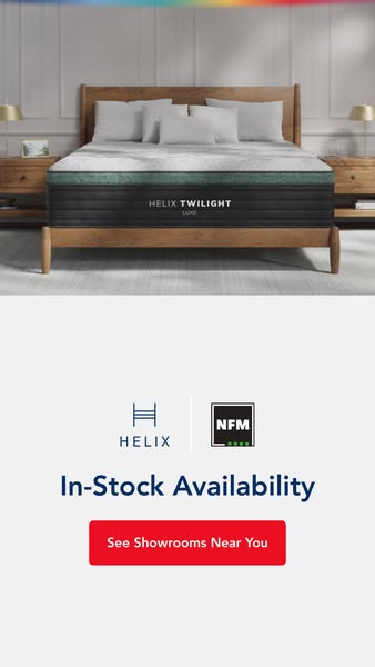 This ad for Helix Sleep features a Helix Twilight Luxe mattress and highlights its in-stock availability at NFM.
