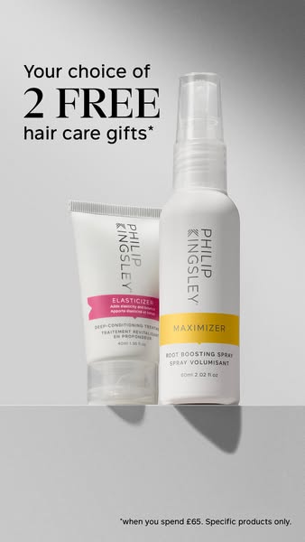 This ad promotes Philip Kingsley hair care products by offering a limited-time promotion of 2 free hair care gifts when 