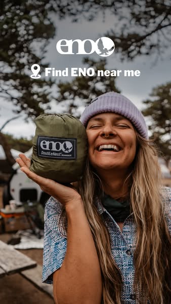 This image ad is for ENO brand hammocks and features a woman holding a hammock in its compact carrying case. The ad asks