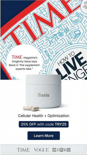 This ad showcases the Basis supplement, promoting cellular health and optimization, as endorsed by TIME magazine. A disc