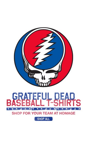 This image ad promotes 'Grateful Dead' baseball t-shirts from the brand Homage.