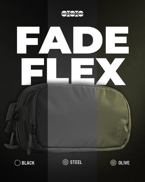 This is a static image ad showcasing the same waist pack in black, steel, and olive. The product is set in front of a fa